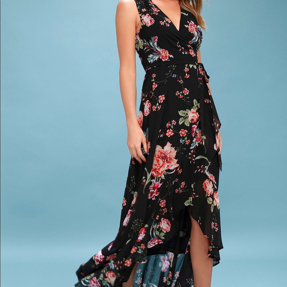 Black, floral print, wrap Maxi Dress